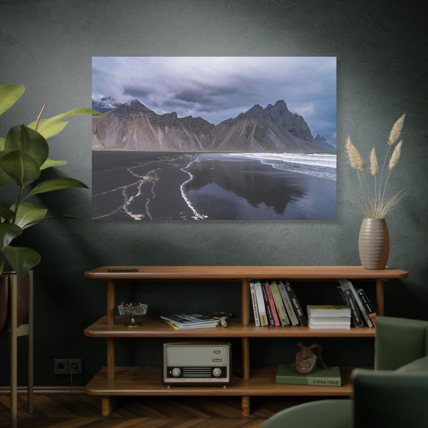 Vestahorn Iceland Matte Canvas Print - Moody Black Sand Beach Landscape Wall Art