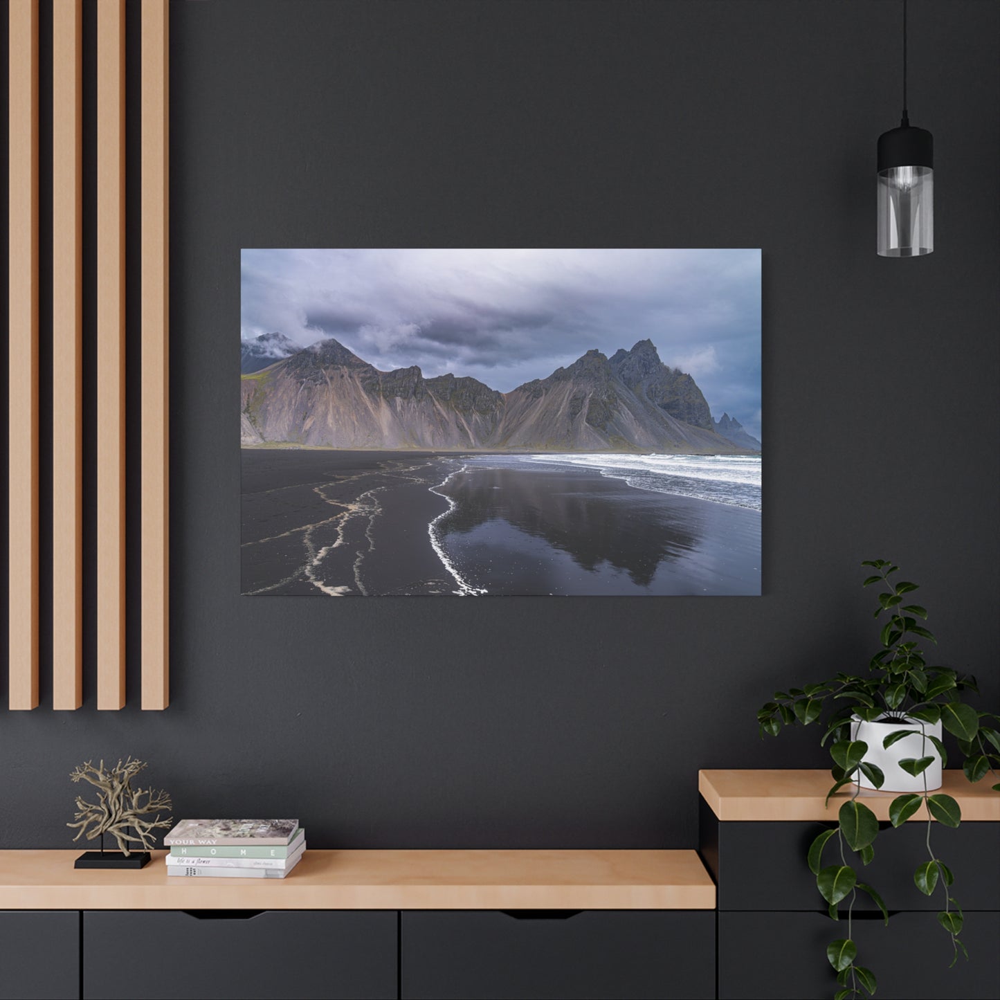 Vestahorn Iceland Matte Canvas Print - Moody Black Sand Beach Landscape Wall Art