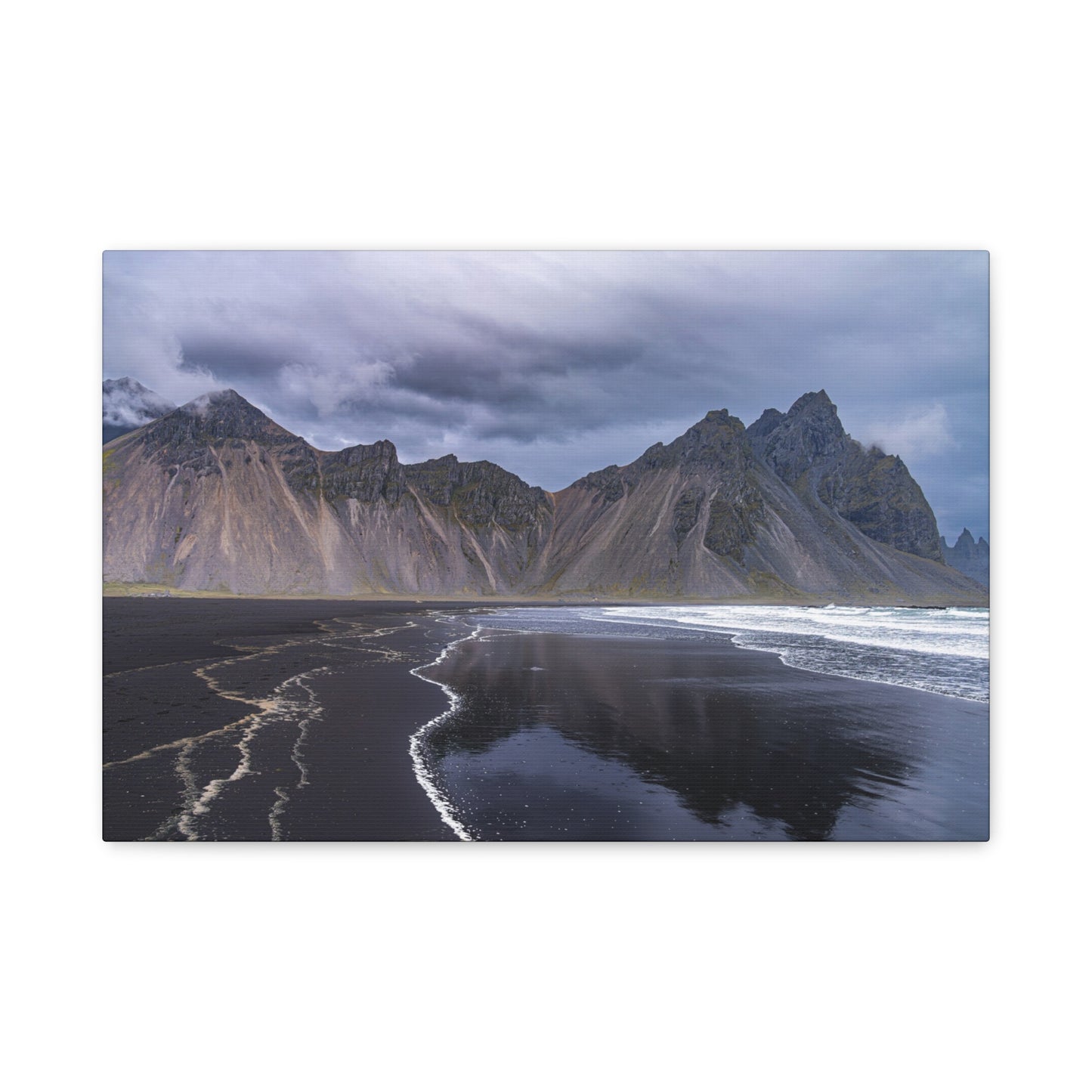Vestahorn Iceland Matte Canvas Print - Moody Black Sand Beach Landscape Wall Art