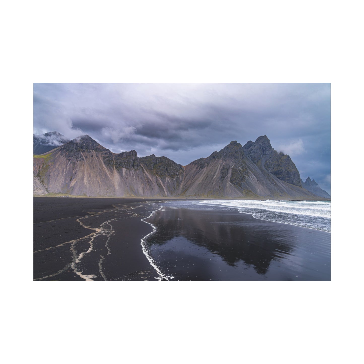 Vestahorn Iceland Matte Canvas Print - Moody Black Sand Beach Landscape Wall Art