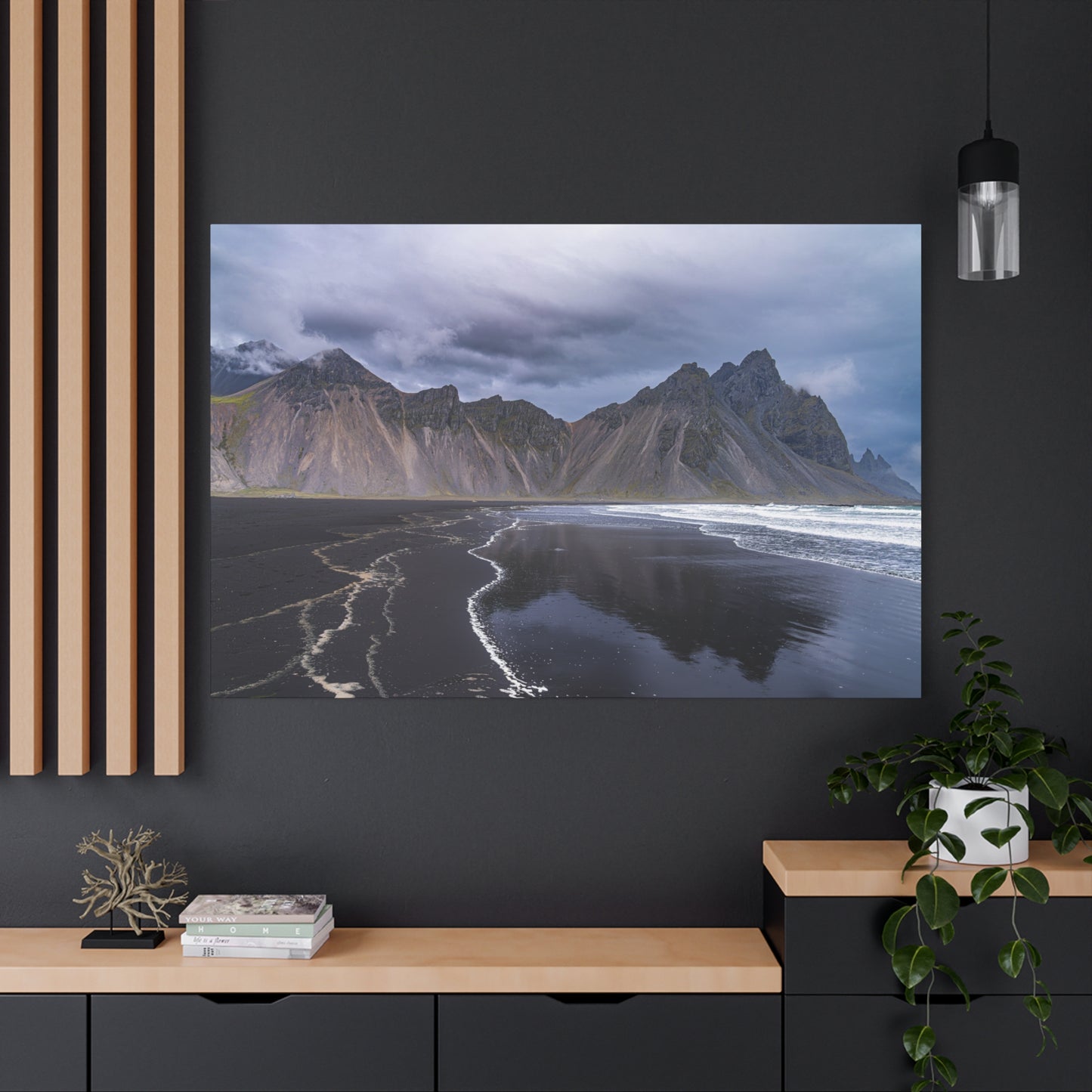 Vestahorn Iceland Matte Canvas Print - Moody Black Sand Beach Landscape Wall Art