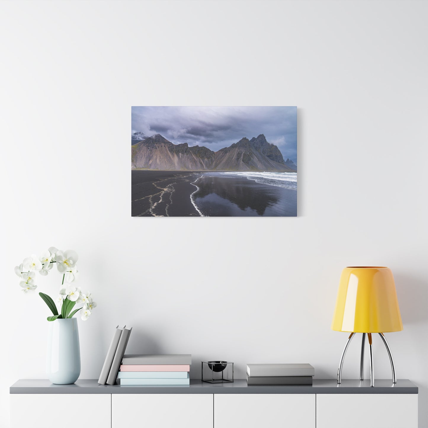 Vestahorn Iceland Matte Canvas Print - Moody Black Sand Beach Landscape Wall Art