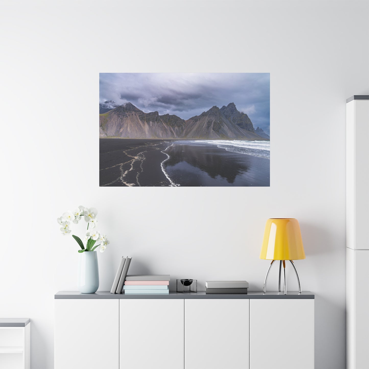 Vestahorn Iceland Matte Canvas Print - Moody Black Sand Beach Landscape Wall Art