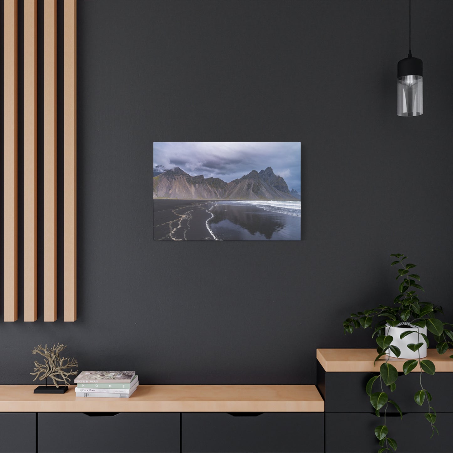 Vestahorn Iceland Matte Canvas Print - Moody Black Sand Beach Landscape Wall Art
