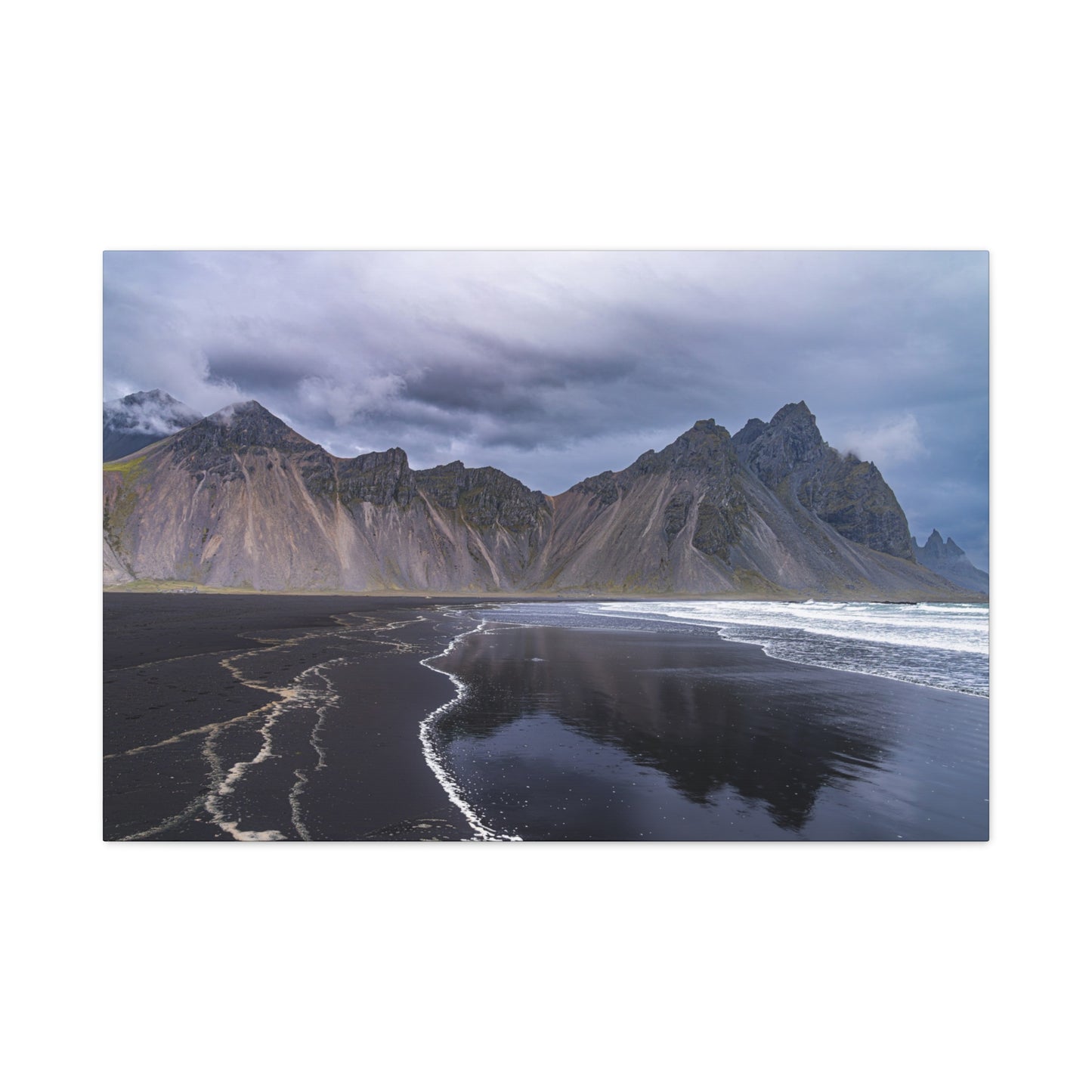 Vestahorn Iceland Matte Canvas Print - Moody Black Sand Beach Landscape Wall Art
