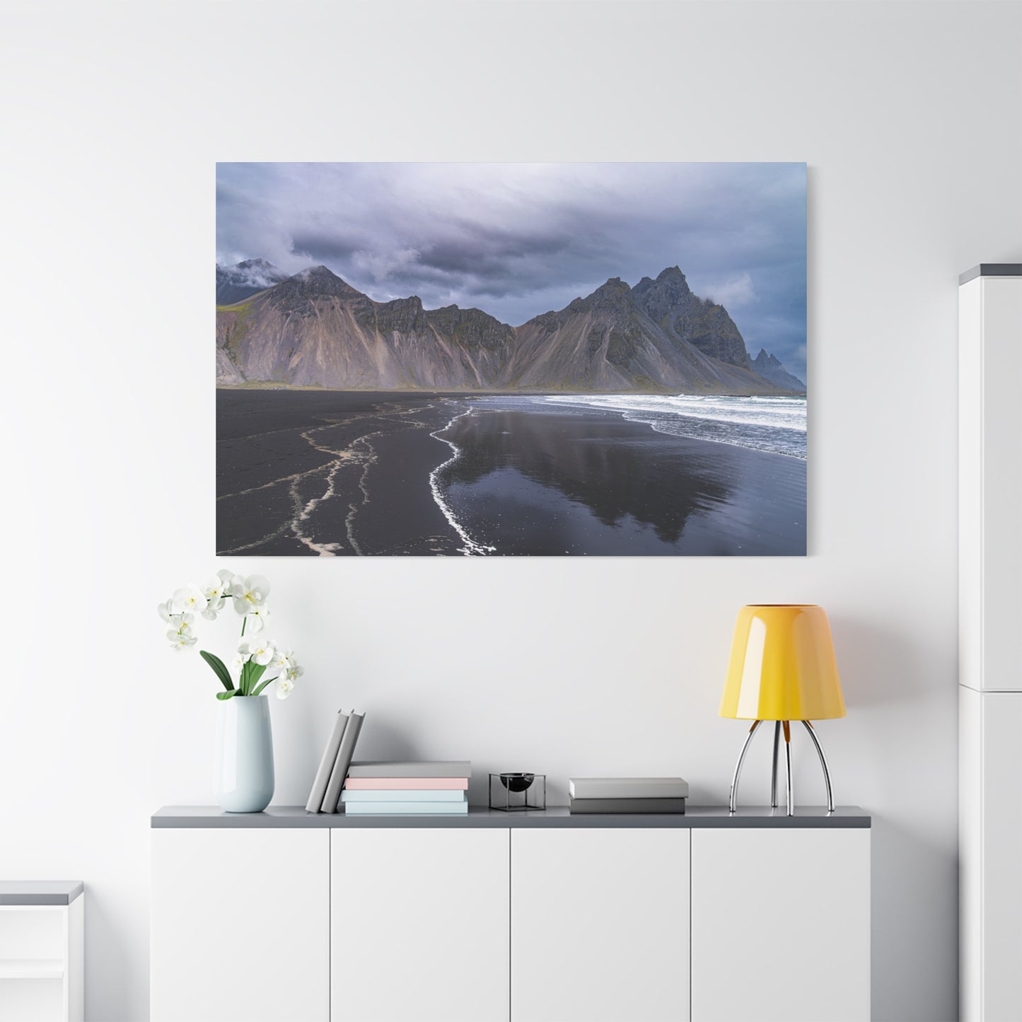 Vestahorn Iceland Matte Canvas Print - Moody Black Sand Beach Landscape Wall Art