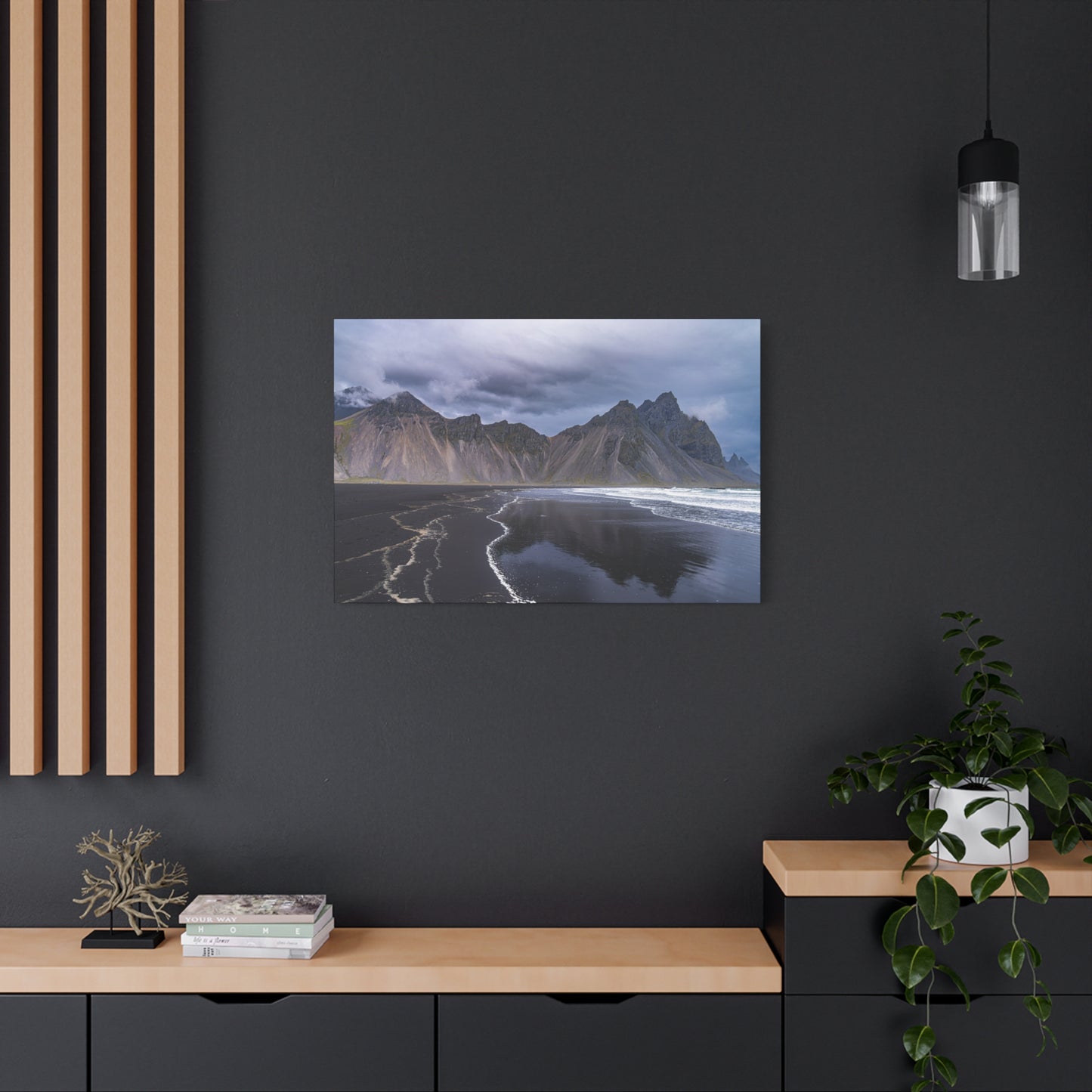 Vestahorn Iceland Matte Canvas Print - Moody Black Sand Beach Landscape Wall Art