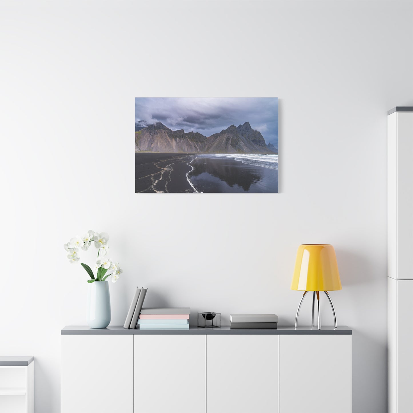 Vestahorn Iceland Matte Canvas Print - Moody Black Sand Beach Landscape Wall Art